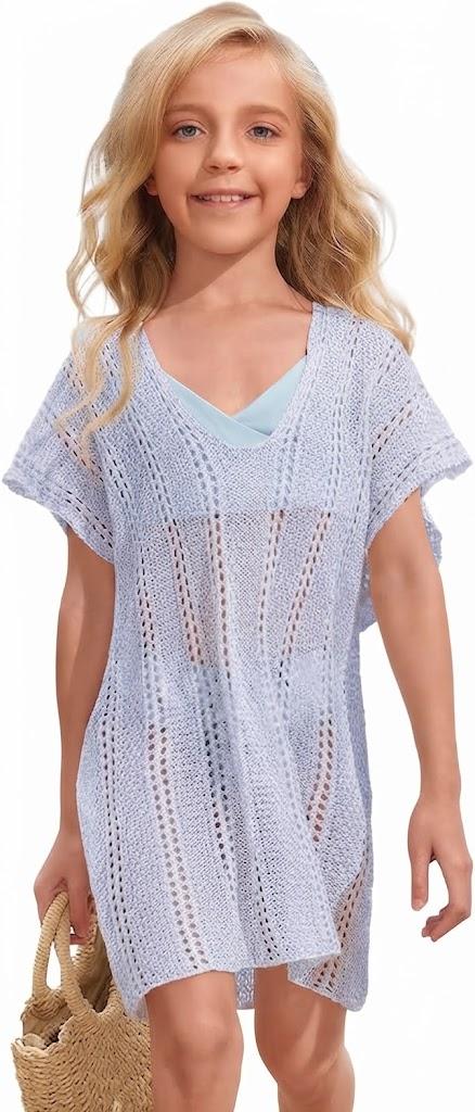 SOLY HUX Girl's V Neck Crochet Short Sleeve Beach Dress Summer Swimsuit Bikini Cover Up Solid Light Blue 12Y