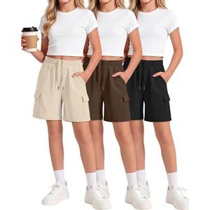 Ficerd 3 Pack Girls Cargo Shorts Kids Summer Bermuda Shorts Teen Knee Length Athletic Loose Unisex Sweat Shorts Apricot, Coffee, Black, 13-14 Years