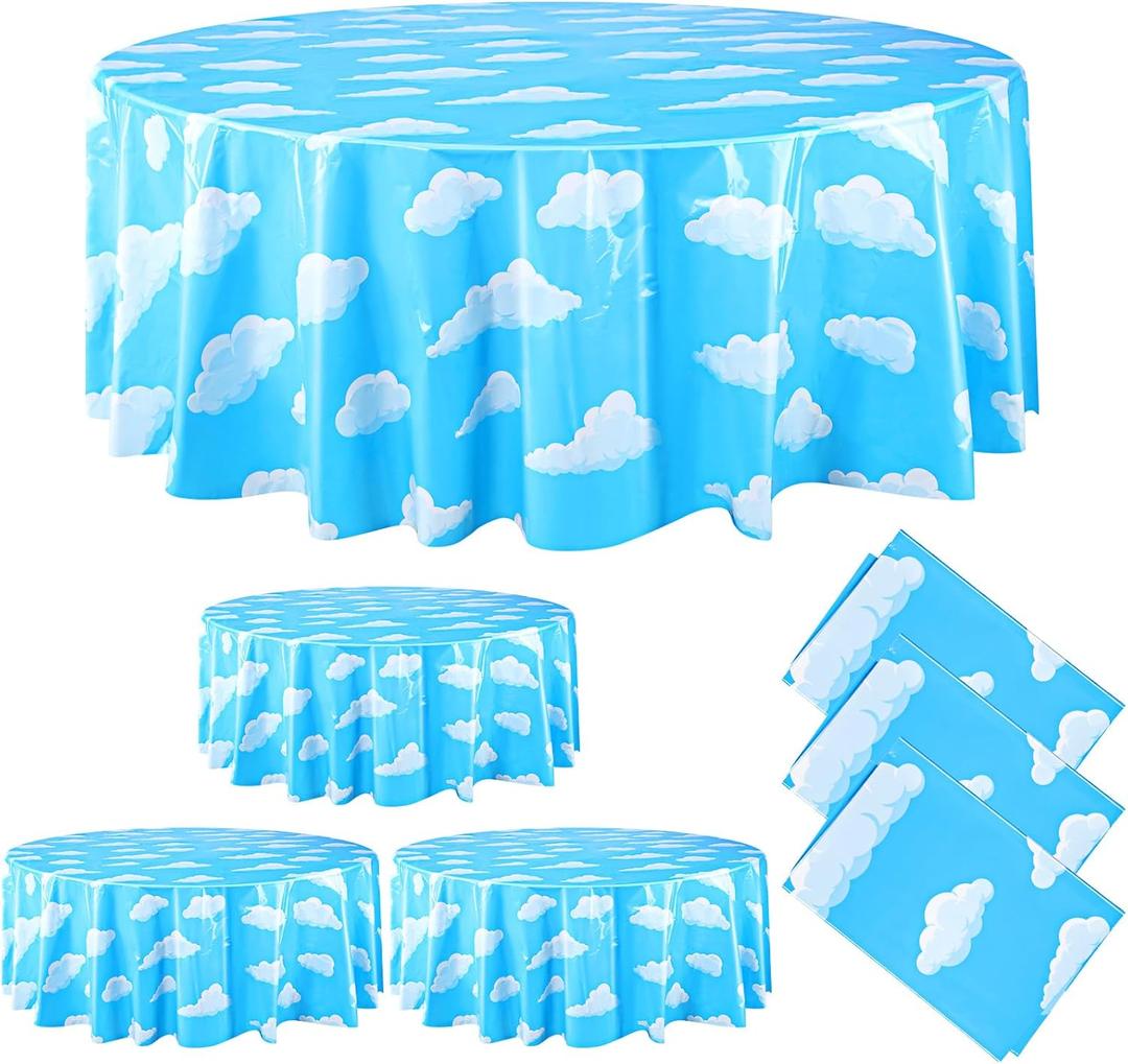 Oudain 3 Pieces Blue Sky White Clouds Party Tablecloth 84'' Cartoon Story Tablecloth Airplane Table Cover for Baby Kids Boy Girl Shower Birthday Rainbow Theme Party Decorations Supplies (Cloud)