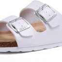Women's Cork Footbed Slide Sandal, Arch Support Summer Outdoor Sandals with Adjustable Buckle (9, White)