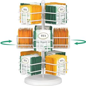 EsLuker.ly Tea Bag Holder Organizer for Counter 3 Tier Metal Tea Bag Storage Rack, Spinning Carousel Tea Packet Display Stand, Tea Organizer Station with Easy Access for Kitchen Office, White