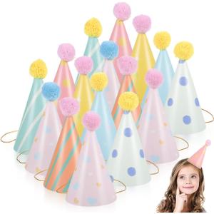 16pcs Birthday Party Cone Hats for Kids: 7 inch Pom Poms Party Supplies & Decorations Paper Colorful Hat for Toddler Girls Boys Baby Shower Photo Props