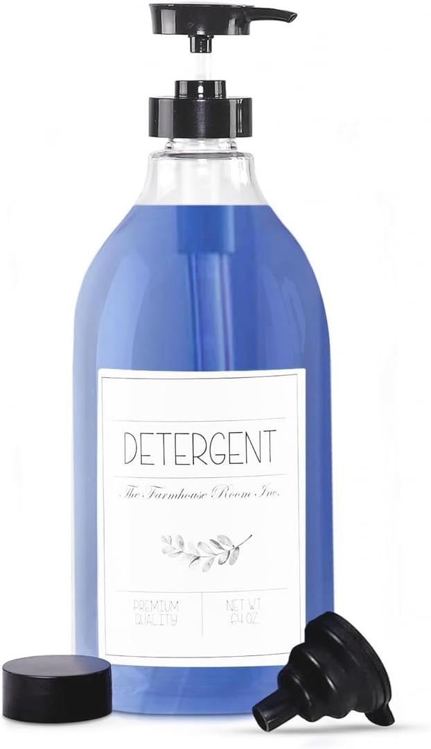 Laundry Detergent Liquid Dispenser - Detergent Container for Laundry Room Organization - BPA Free & PET Plastic 1/2 Gallon Pump Bottle Dispenser - w/Waterproof Labels 64oz