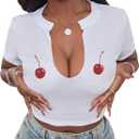 Hilinker Women's Sexy Graphic Crop Tops Short Sleeve V Neck T Shirts Summer Tees White Two Cherry Small (White, S)
