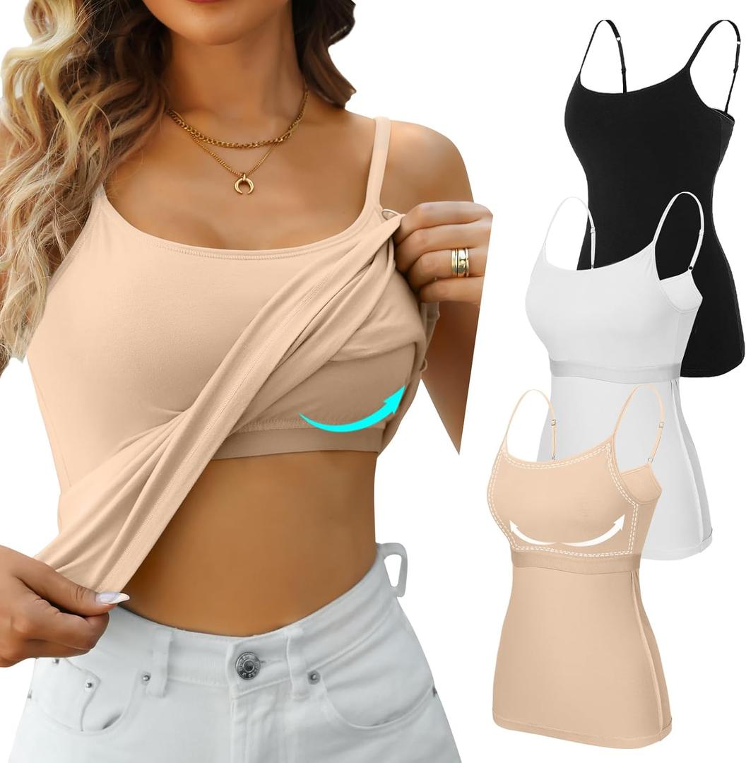 V FOR CITY Cotton Shelf Bra Camisole Tops for Women Adjustable Spaghetti Strap Tank Top Summer Cami Shirt 3 Pack (Small, Black/White/Apricot Peach)