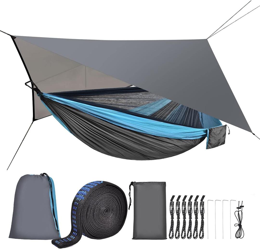 Camping Hammock with Mosquito Net Rain Fly Heavy Duty Tree Strap Nylon Parachute Single Double Hammock Tent Waterproof Rainfly Set for Camping Backpacking Backyard Patio Hiking Travel Outdoor (Blue)