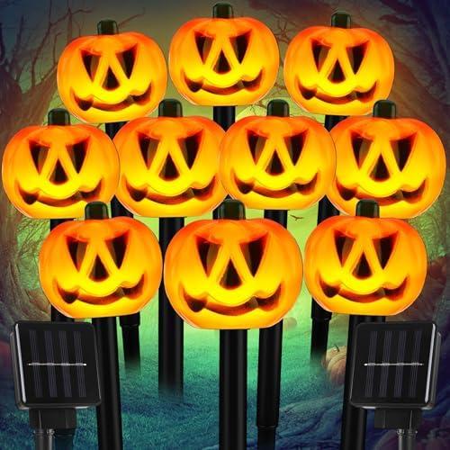 Retisee 10 Pcs Halloween Pumpkin Solar Pathway Lights Pumpkin Stake Waterproof Jack O Lantern Pumpkins for Home Garden Yard Porch Halloween Outdoor Decorations