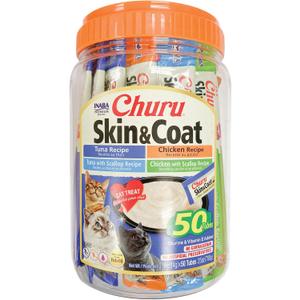 INABA Churu Lickable Purée Natural Cat Treats for Skin and Coat with Omega Oils, Taurine and Vitamin E, 0.5 Ounces Each Tube, 50 Tubes, Skin & Coat Variety, Best By: 11/04/2026