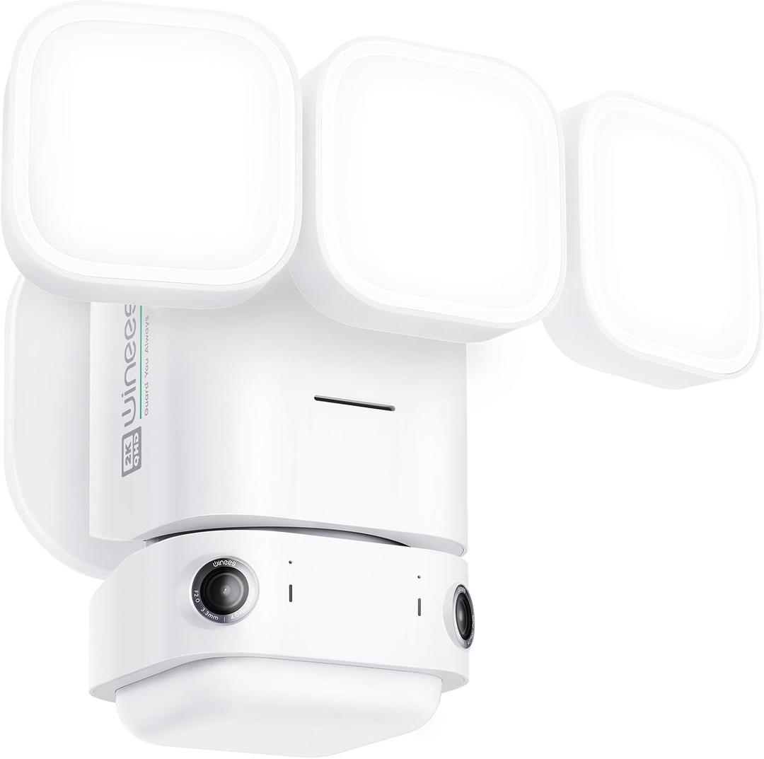 Winees Floodlight Camera, Wired 2K HD Dual-Lens Outdoor Security Camera, 180 Degree Panoramic Motion Detection, 3000 Lumens, Color Night Vision, 110dB Siren, 2-Way Audio (White)