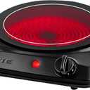 OVENTE Countertop Infrared Single Burner, 1000W Electric Hot Plate with 7 Ceramic Glass Cooktop, 5 Level Temperature Setting & Easy to Clean Base, Compact Stove for Home Dorm Office, Black BGI101B