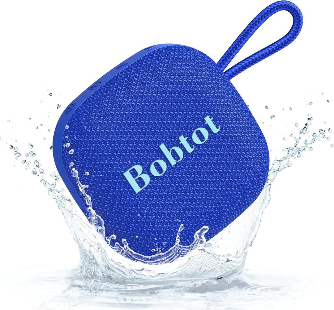 Bobtot Portable Wireless Bluetooth Speakers - IPX7 Waterproof Small Shower Speaker with 16 Hours Playtime, Loud Stereo Sound, Built-in Mic, TWS, Mini Size with Carry Lanyard for Outdoor, Blue