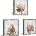 Pink Floral Wall Art Picture: Blossom Protea Flower Artwork Print on Rustic Wood Framed for Home Decor (12 x 12 x 3 Panels)