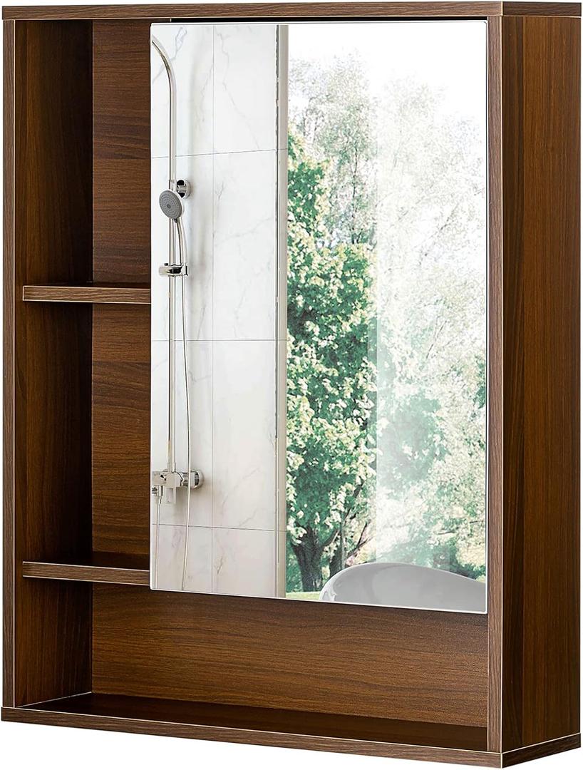ChooChoo Bathroom Wall Mirror Cabinet, Medicine Cabinet with Single Door and Adjustable Shelf, Over The Toilet Space Saver Storage Cabinet, Walnut (6.3"D x 21.6"W x 24.0"H)