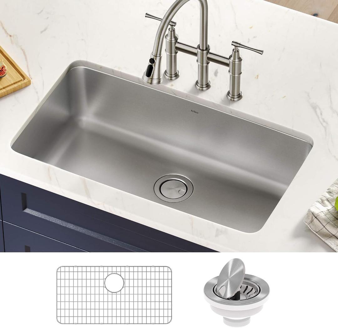 KRAUS Dex 33-inch Undermount 16 Gauge Stainless Steel Single Bowl Kitchen Sink, KA1US33B
