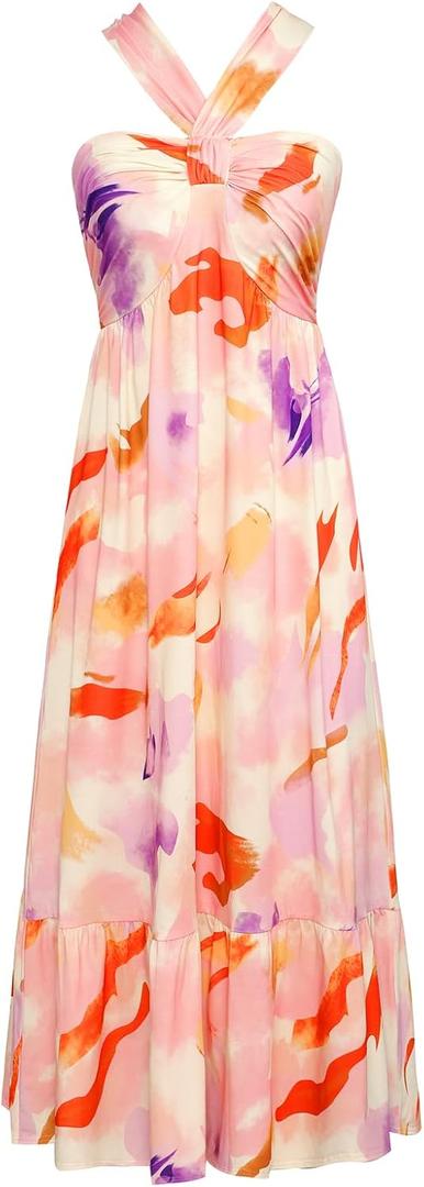 GRACE KARIN Womens Summer Floral Dresses 2026 Boho Maxi Dress Flowy Halter Sundress Casual Vacation Beach Clothes with Pocket (XXL)