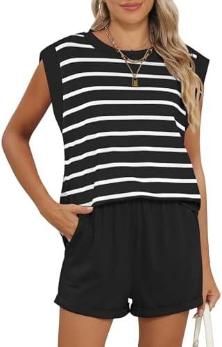 RUBZOOF 2 Piece Outfits for Women Lightweight Matching Lounge Sets Cap Sleeve Top and Elastic Waisted Shorts, 2 XL