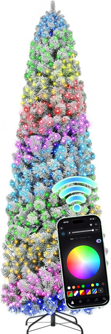 HOLLO STAR 7.5 ft Flocked Prelit Christmas Tree with 348 LED Lights, App Control, Skinny Artificial Pencil Christmas Tree, Multi-Color RGBW Lights, 960 Branch Tips, for Small Space, Home, Party