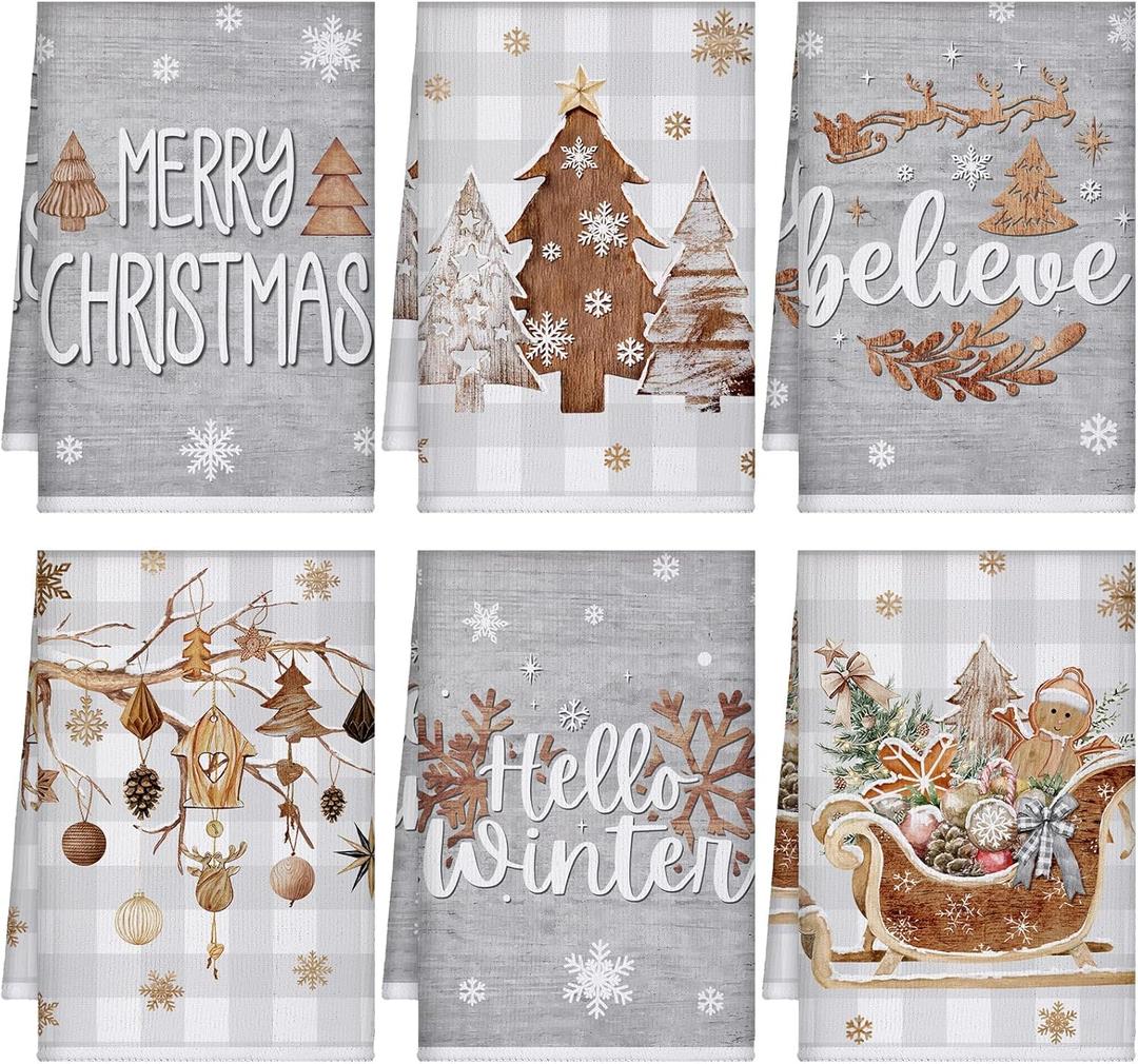 Preboun 6 Pcs Christmas Kitchen Towels Grey Buffalo Plaid Xmas Tree Brown Christmas Dish Hand Kitchen Towels Hello Winter Bathroom Decoration Dish Cloth Tea Cloth (Brown Wood Color)