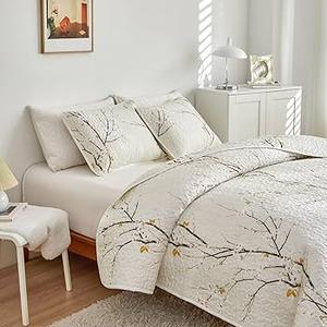 Quilt Set King Size Cream White with Black Branch Bedding Set 88x88 Soft Microfiber Lightweight Coverlet Bedspread Summer 3 Pc Bed Cover for ( 2 Shams)
