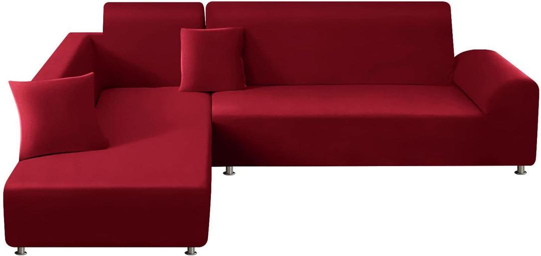Sectional Sofa Covers 2 Pcs Stretch Couch Slipcover for L Shape Couch Chaise Sofa Furniture Protector Cover for Kids Dogs Pets with 2 Pcs Pillow Covers (Red)