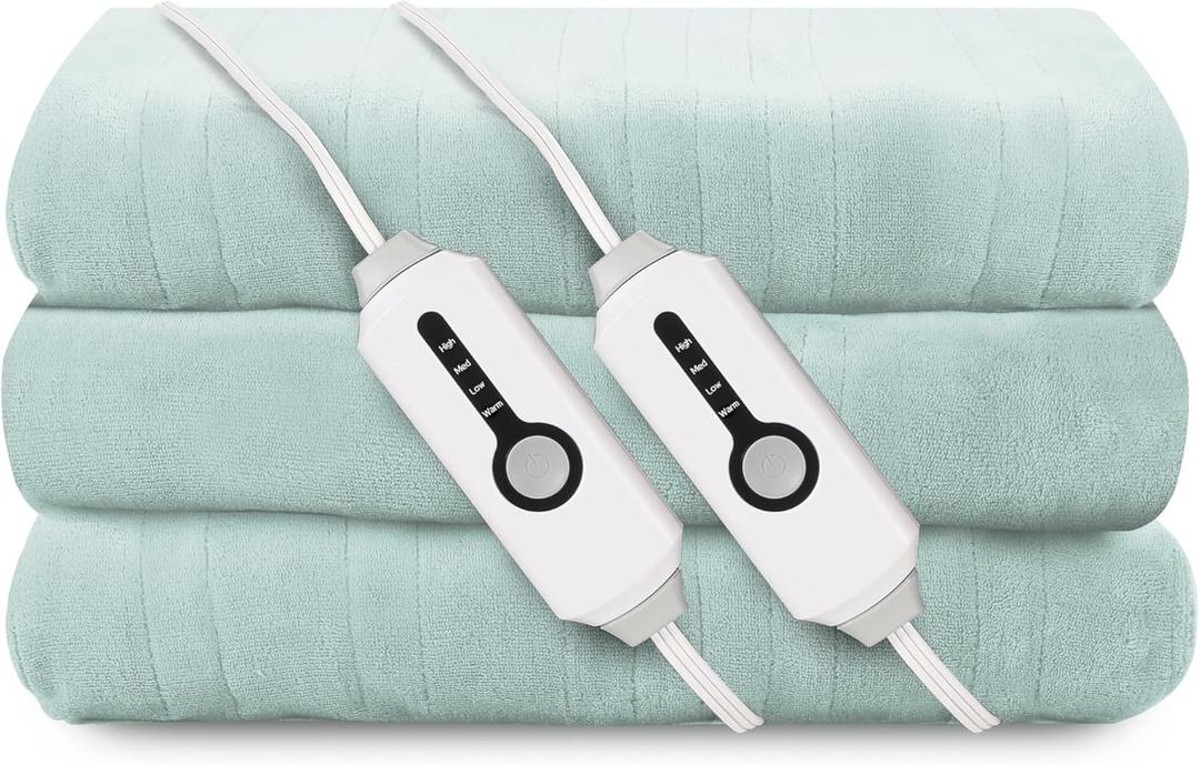 Electric Heated Blanket 84"x90" Queen Size, Soft Coral Fleece, Dual Controllers with 4 Heating Levels and 10 Hours Auto-Off, Machine Washable, Cozy Plush Fabric for Home, Mint Green (009-light Green)