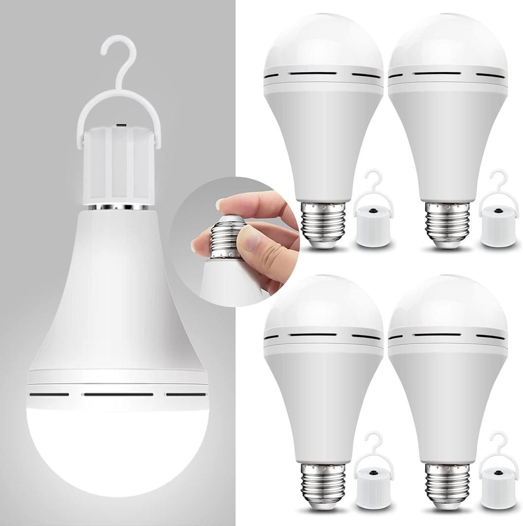 Neporal 4 Pack Emergency-Rechargeable-Light-Bulb, Stay Lights Up When Power Failure, 1200mAh 15W 80W Equivalent LED Light Bulbs for Home, Camping, Tent (E27, with Hook) (Daylight)