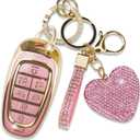 Fit for Hyundai Key Fob Cover with Diamond Keychain, Compatible with Hyundai 2024 2023 2022 Sonata Santa Fe Nexo Tucson Palisade Smart Key Protector for Women (7 Buttons, Pink)