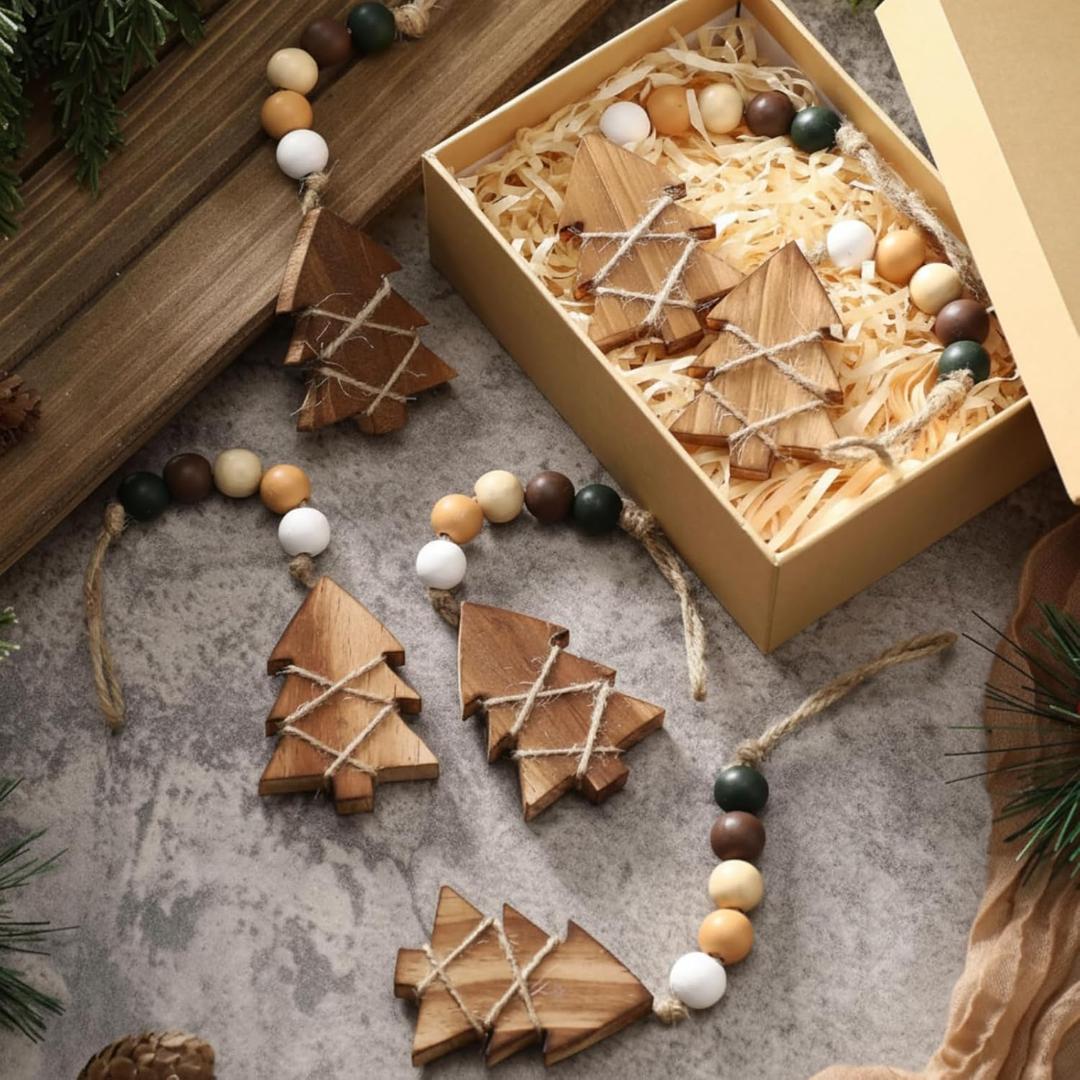 Civaner 6 Pcs Neutral Christmas Tree Hanging Ornament with Wooden Beads Rustic Wooden Boho Christmas Tree Decorations Bead Garland for Xmas New Years Holiday Farmhouse Gift Decor