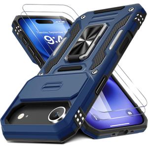 DEERLAMN Case for iPhone Air 6.5-Inch with Slide Camera Cover+Screen Protector(2 Packs), Rotated Ring Kickstand Military Grade Shockproof Protective Cover-Navy Blue
