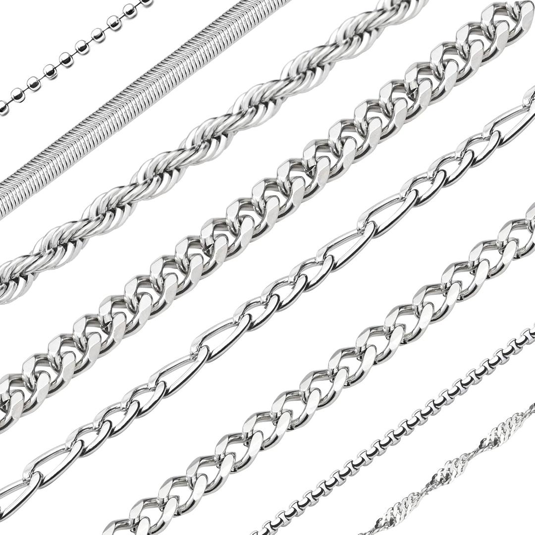 8 Pcs Chains for Men Stainless Steel Chain Necklace bulk Mens Necklace Jewelry Set Figaro Chain Cuban Link Chain Rope Chain Snake Chain