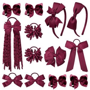 DEEKA Burgundy School Hair Accessories Set 13 Pcs Uniform Hair Bow Headband Clips Hair Ties Curly Korker Bows for Little Toddler School Girls (Burgundy)