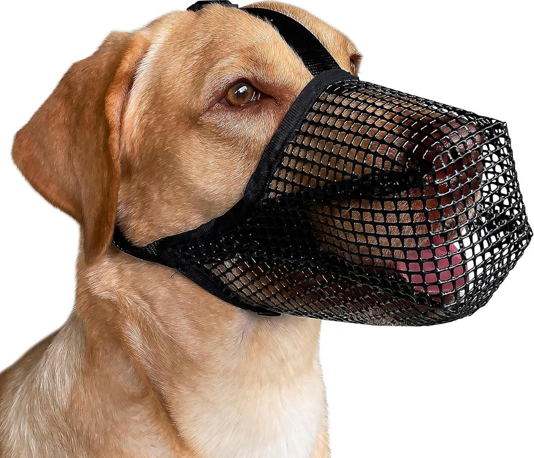 Mayerzon Dog Muzzle, Patented Mesh Muzzles for Small Medium Large Dogs, Soft Covered Mouth Guard with Adjustable Straps, Prevent Biting Chewing and Licking (S: Snout:8"-9", Black)