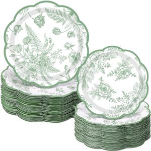 Mumufy 100 Pack Sage Green Floral Paper Plates 9" & 7" Vintage Disposable Wildflower Dessert Plates Green Toile Flower Dinner Tableware for Wedding Birthday Bridal Garden Spring Tea Party Supplies