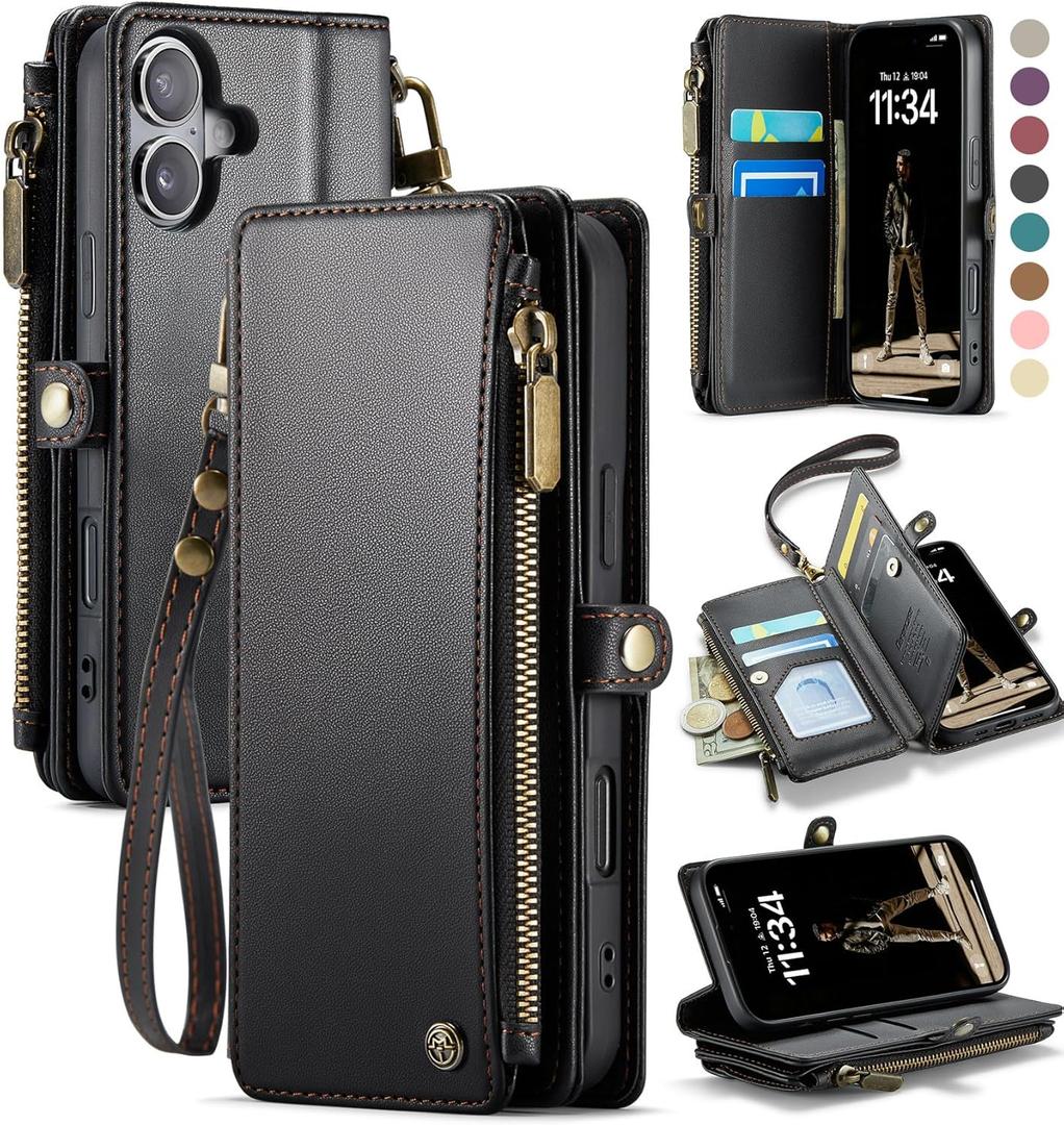 Defencase Compatible with iPhone 16 Case Wallet with RFID Blocking Card Holder for Women and Men, Fashion PU Leather Magnetic Snap Flip Zipper Strap Wallet Phone Case for iPhone 16 6.1", Black