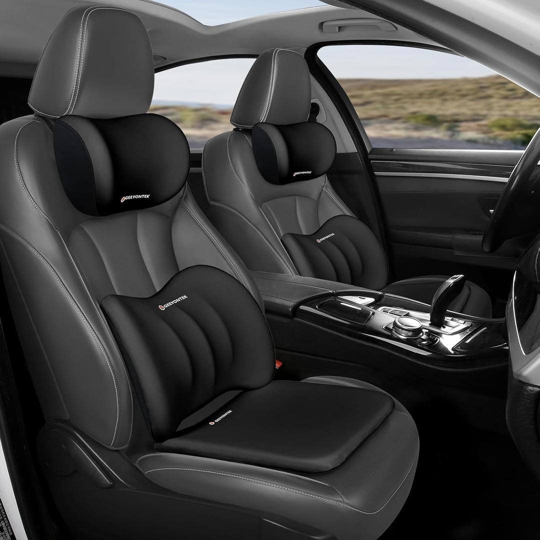 Car Seat Cushion with Neck Pillow & Lumbar Support Kit Back Sciatica Tailbone Pain Relief Car Pillows Ergonomic Memory Foam Back Support for Driving Seat Office Chair Wheelchair Black