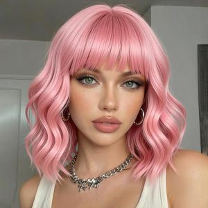Pink Wig with Bangs for Women,Shoulder Length Short Wavy pink Bob Wigs With Bangs Synthetic Bob Wig Curly Wig Heat Resistant Colorful Wavy Wig Cosplay Fun Wigs For Daily Party (12 Inch)