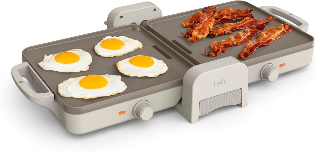 Bella 10"x 20" Ceramic Fold-n-Store Dual Temp Griddle, Fits-anywhere Kitchenware, EverGood Ceramic Nonstick Coating, 2 Temperature Zones up to 400F, Dishwasher Safe Drip Tray, 1500 Watt, Oatmilk
