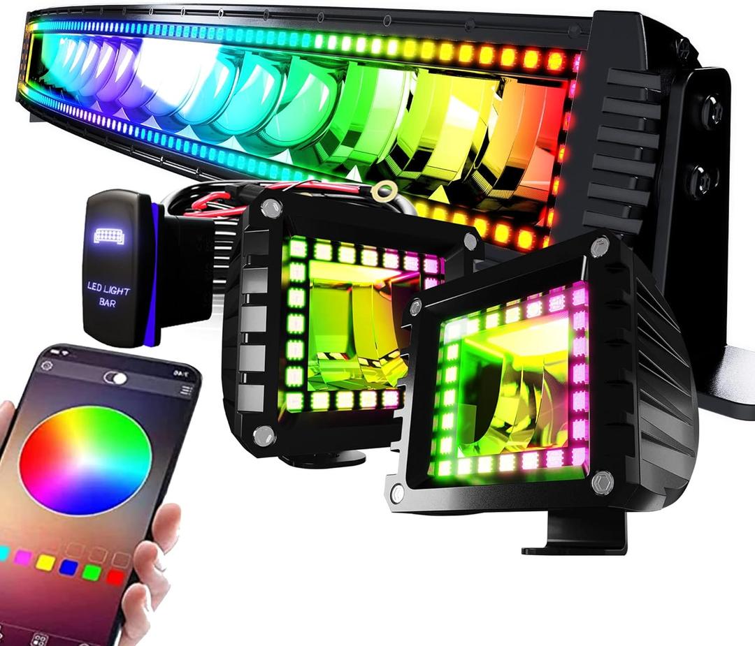 32" Curved RGB LED Light Bar 2X 4 Flood LED Pods with Chasing RGB Halo 16 Solid Colors Offroad Driving Fog Lights with Switch Wiring Harness