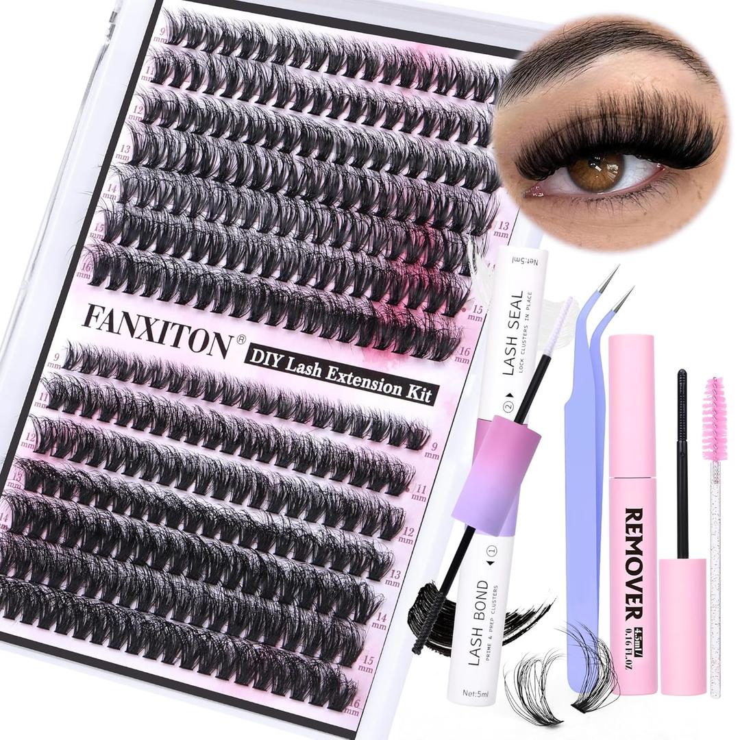 DIY Lash Extension Kit 40D+50D Volume Lash Clusters Kit with Lash Bond and Seal 280 pcs Thick Individual Lashes 9-16 mm D Mink Lashes Cluster, Lash Cluster Remover and Tweezers by FANXITON