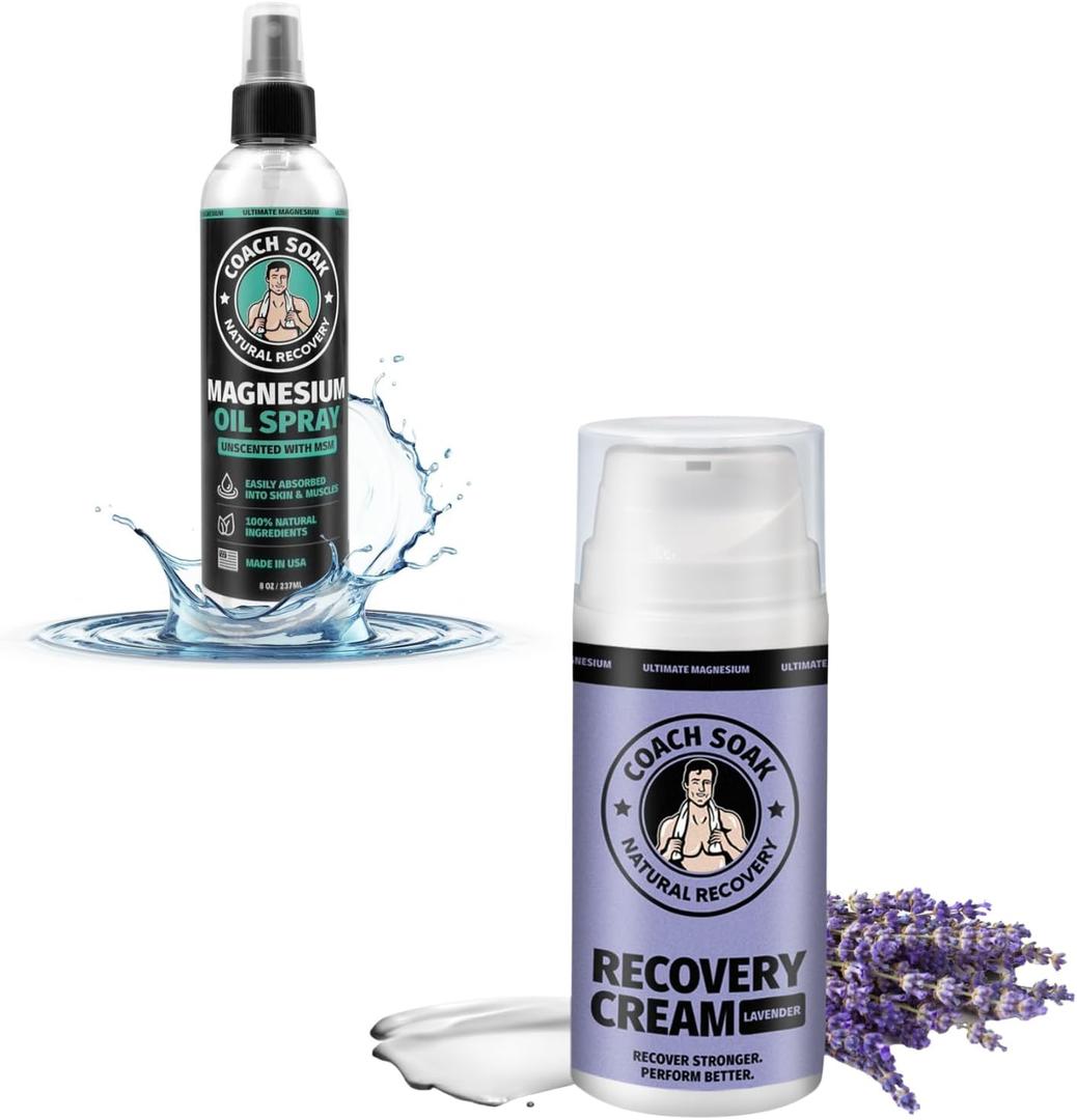 Coach Soak Lavender Magnesium Lotion & Magnesium Oil Spray with MSM - 8oz Topical Spray for Feet & Body and 3.4oz Natural Cream for Muscle & Joint Relaxation