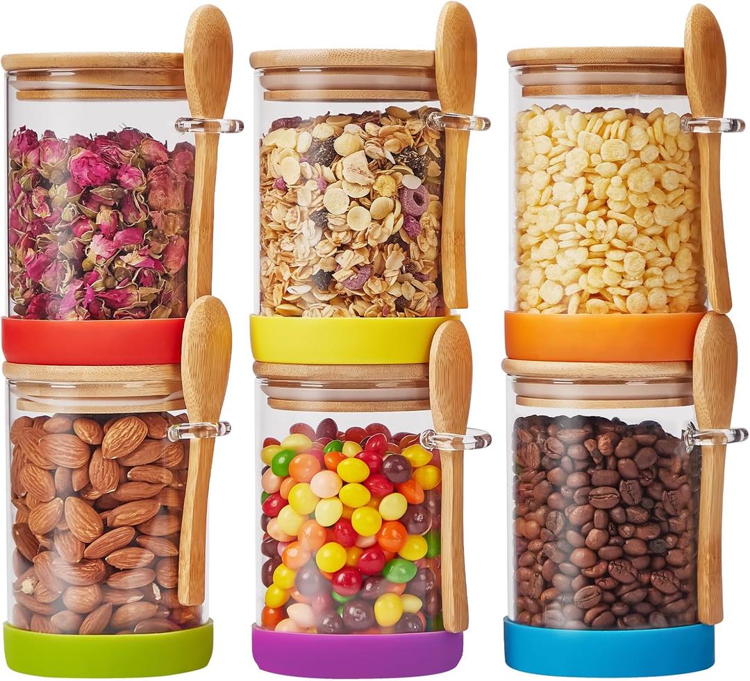 Set of 6 Airtight Overnight Oats Jars with Bamboo Lids and Spoons, 22 OZ Overnight Oats Containers with Lids,Glass Food Storage Jar Perfect for Coffee, Tea, Sugar, Beans, and More