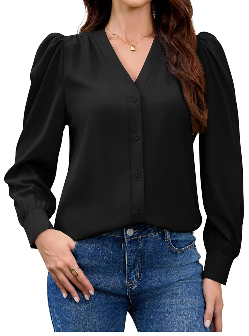 Blouses for Women Business Casual Tops Satin Silk V Neck Long Sleeve Button Down Shirts Work Blouses(Size M)