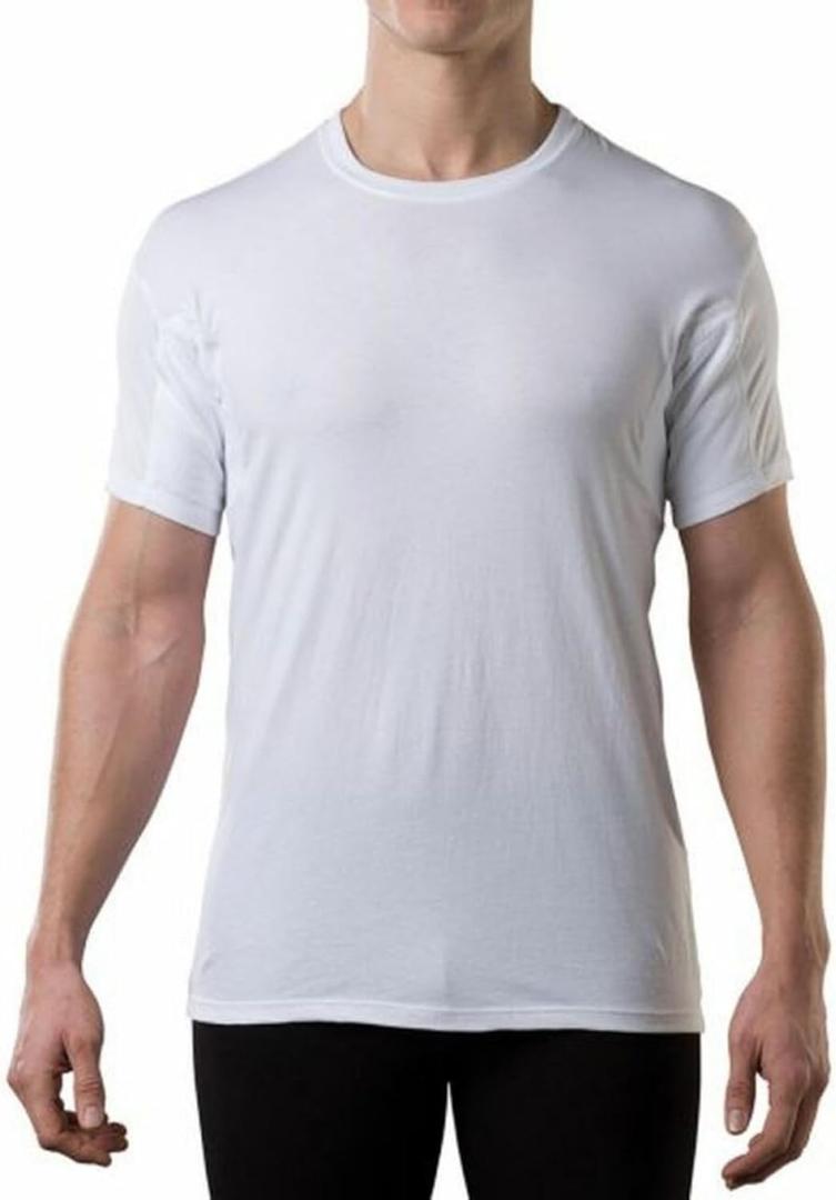 Men's Sweatproof Undershirt | Cotton Crew Neck | Original Fit | with Sweat Pads (Medium, White)