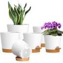 7/6.5/6/5.5/5/4 inch Self Watering Pots for Indoor Outdoor Plants, 6 Pack Plastic Flower Planters with Drainage Holes and Removable Saucers, Plant Pots with Wicking Rope, White Brown