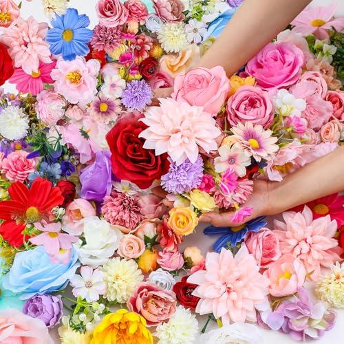 Giegxin 200 Pcs Mini Faux Flower Heads Bulk Small Fake Flowers for Crafts 12 Flowers Types Roses Peonies Carnations Silk Artificial Floral Heads for Spring Wedding Hair Cap Dresses Cake Garland Decor