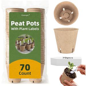 CLEANGOR 70Pcs Biodegradable 4” Peat Pots with 70Pcs Plant Labels, Biodegradable Seed Starter Pots with Drainage Holes, Nursery Pots for Seedlings, Herbs, Vegetables, Flowers, Gardening Kit