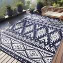 OLANLY Outdoor Rug Waterproof 9x12 ft, Reversible Outdoor Plastic Straw Rug, Boho Patio Rug, Indoor Outdoor Carpet, RV Mat Outside for Patio, Camp, Picnic, Balcony, Deck, Backyard, Navy & White