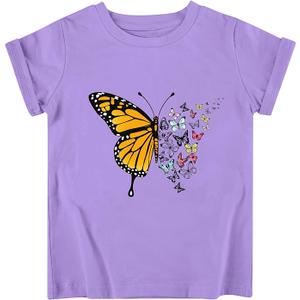 Funnycokid Little Girls Shirt 4T 5T Toddler Purple Tees Butterflies Animal TShirt Graphic Short Sleeve Clothes Tops