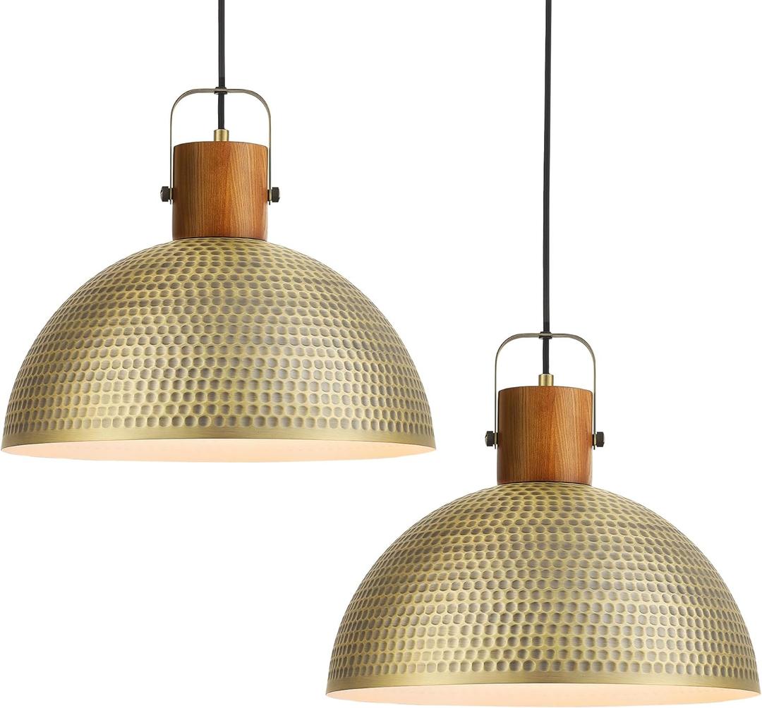 ELYONA 2 Pack Large Hammered Pendant Light Fixtures, 16 Inch Ash Wood Vintage Dome Hanging Lamp, Antique Gold Mid Century Pendant Lighting for Kitchen Island, Farmhouse, Dining Room, Brushed Brass