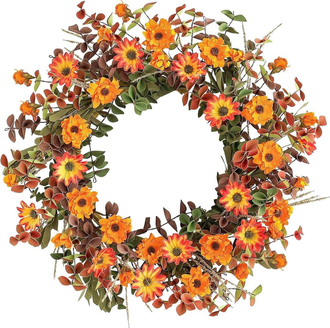 Fall Front Door Sunflower Wreath Orange, 20 Inch Autumn Wreath Farmhouse Porch Decor, Fall Wreaths for Front Door Outside, Indoor Outdoor Wreath for Harvest Thanksgiving Wedding